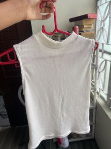 White Ribbed Sleeveless Mock Neck Top