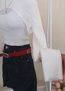 White Ribbed Cut-Out Bolero Top