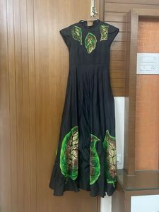 Black raw silk Gown with Green Leaf Print