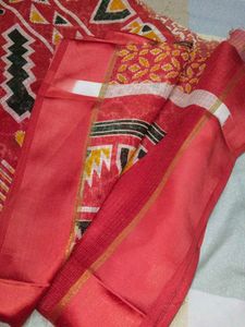 Vibrant Red Geometric Print Saree