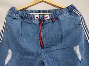 Distressed Denim Joggers with Side Stripe