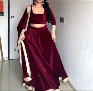 Maroon Velvet Lehenga Choli with Dupatta
