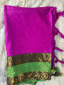 Vibrant Pink &amp; Green Saree with Peacock Border