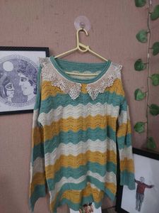 Striped Crochet Sweater with Lace Collar