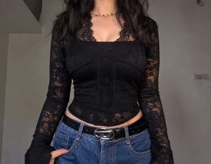 Black Lace Sheer Long Sleeve Top