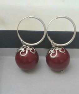 Burgundy Ball Hoop Earrings 925 silver