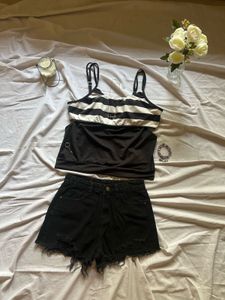 striped cami top,black shorts &amp; jewelry