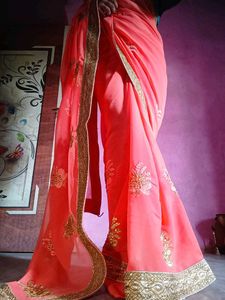 Beautiful Orange Embroidered Saree &amp; ready blouse
