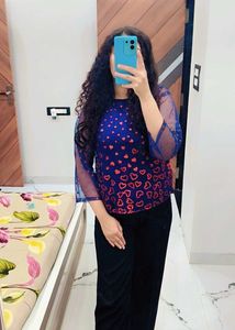 Chic Blue Heart Print Mesh Top