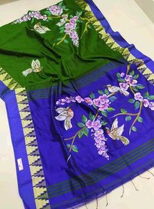 New Green Handpainted handloom  Saree with bp.