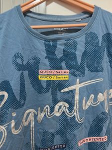 Loose Fit Blue Graphic Print T-Shirt, Bust- 40/42