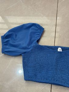 Chic Blue Smocked Puff Sleeve Top