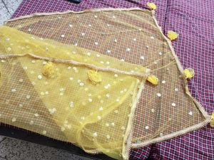 Yellow Net Dupatta with Sequins & Tassels
