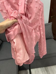 Shein Pink Textured Bow Blouse