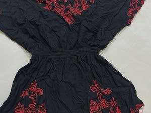Black Asymmetrical Kurta with Red Embroidery