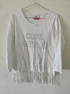 White "Cute Smile" T-Shirt with Fringe