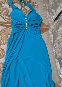 Elegant Teal Halter Neck Embellished Maxi Dress