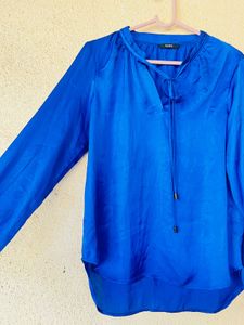 Vibrant Blue Satin Tie-Neck Blouse