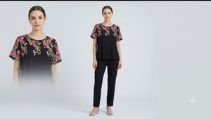 Boho-Chic Embroidered Yoke Black Tunic Top