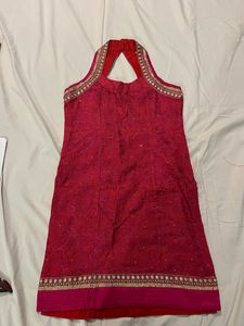Pink Red Gold Halter Kurti &amp; Dupatta