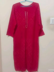 Vibrant Red Kurta with Golden Neckline