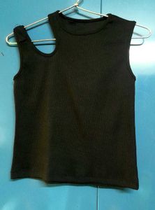 Black Ribbed Crop Tank Top Asymmetric Shoulder Cut