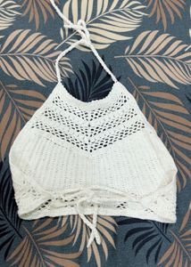 Crocheted White Halter backless Top