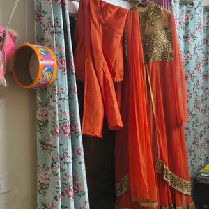 Designer Orange &amp; Gold Ethnic Gown