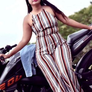 Striped Halter Neck Jumpsuit with waist open back