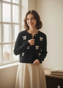 Bow Embellished Black Cardigan