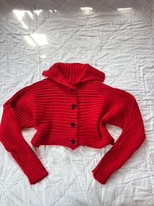 Red Cropped Knit Cardigan
