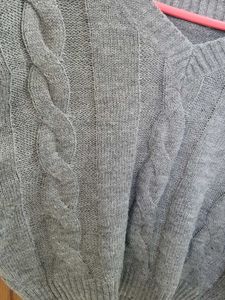 Grey Cable Knit V-Neck Off Shoulder  Sweater