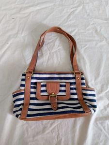 Striped Shoulder Bag with Faux Leather Trim