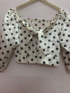 White With Black Polka Dot Tie-Front Top