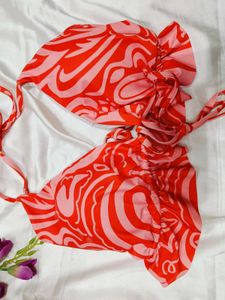 🇳🇿💫🎀Red &amp; Pink Abstract Print Bikini Top