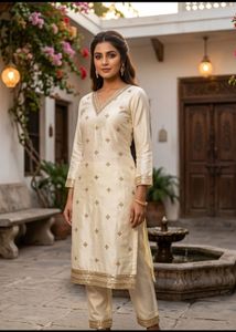 Embroidered Cream Silk Straight Kurta Pant Set.