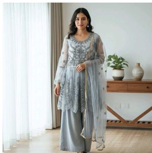 Embroidered Kurta Set with Palazzo & Dupatta