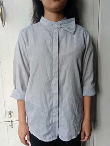 Women B&amp;W Striped Shirt with Statement Bow Collar