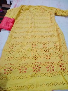 Yellow Chikankari Kurta with Pink Sleeves
