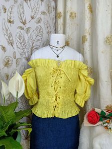 Chic Off-Shoulder Smocked Yellow Top