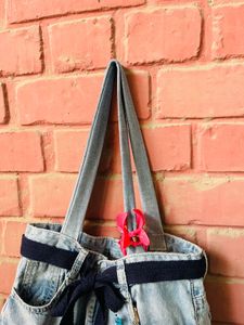 Unique Denim Tote Bag with Pom-Pom