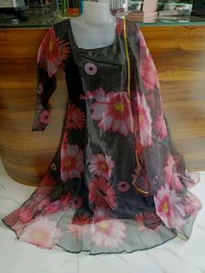 Floral Print Anarkali Suit organza fabric