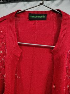 Fashion Thrill Red Floral Embellished Cardigan