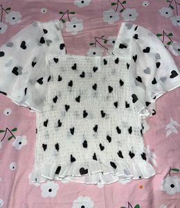 Heart Print Shirred Flutter Sleeve Top