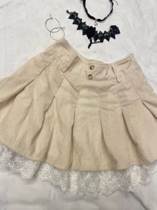cute Corduroy Mini Skirt with Lace Trim