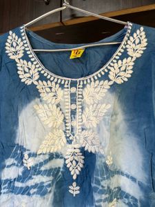 Embroidered Blue &amp; White Kurti Top