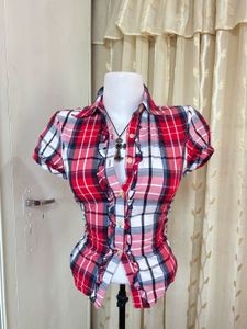 Red Plaid Ruffled Button-Up Shirt