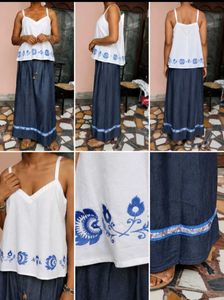 Pageone Premium Denim Maxi Skirt with White