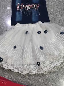 Girls Denim Top &amp; White Skirt Set