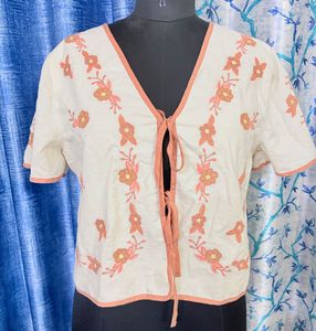 Cream Embroidered Crop Top with Front Ties